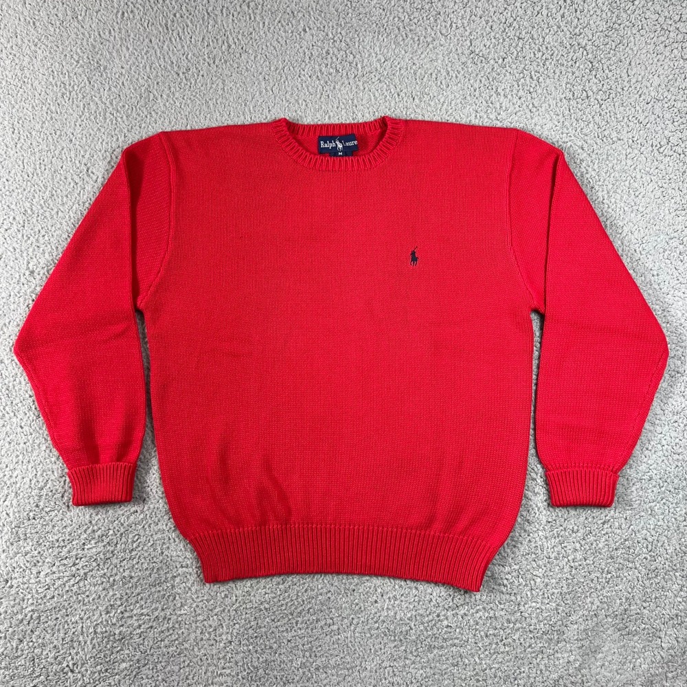 Ralph Lauren Crewneck Sweater Men's M Red Cotton Knit Embroidered Pony VTG‎ NWT
